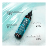 Bottle of shampoo with text highlighting its benefits on a light blue background