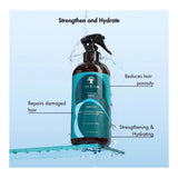 Bottle of hair care product with text highlighting benefits on a blue background