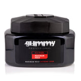 Black jar of Gummy Professional hair gel with a white label on a white background