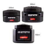 Three black jars of Gummy Professional hair gel with different capacities on a white background.