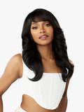 Woman with long, wavy black hair wearing a white top on a white background