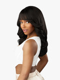 Woman with long black hair wearing a white top on a white background